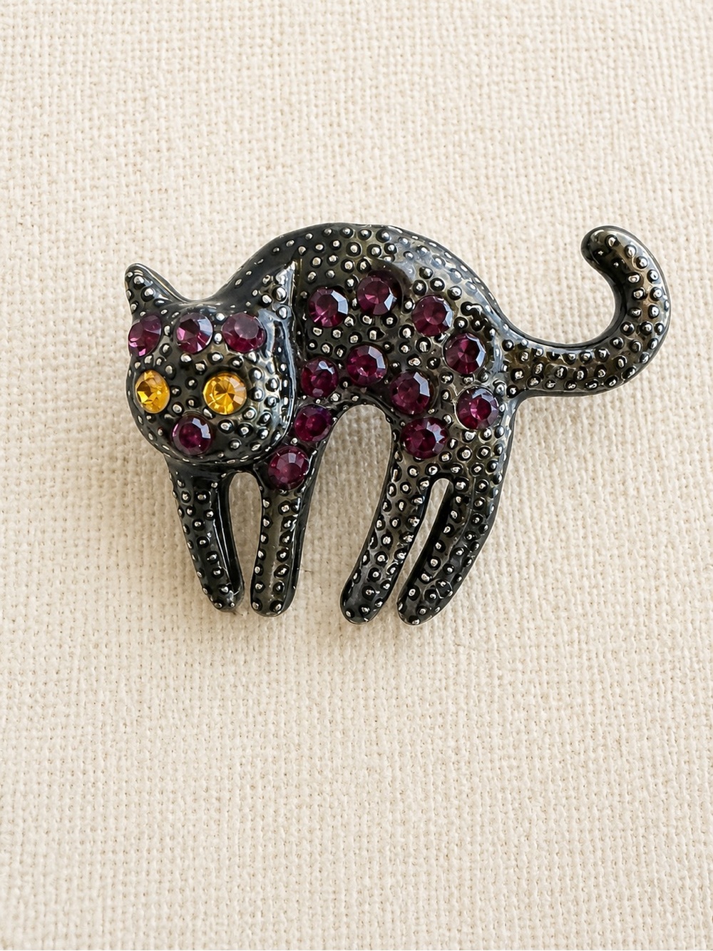 Vintage Black Cat Brooch Pin Purple Rhinestones Amber Eyes Halloween Jewelry
